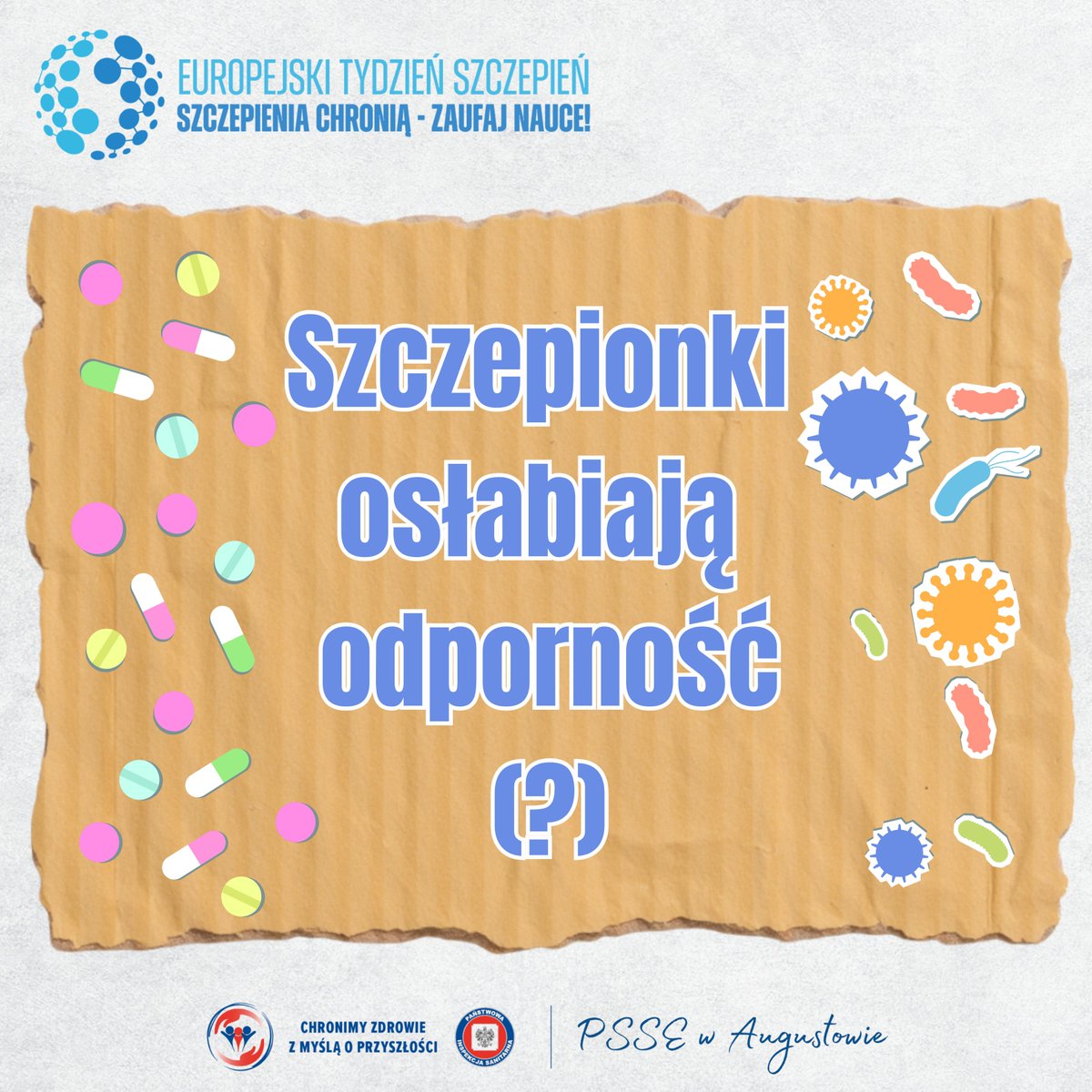 PSSE_Augustow's tweet photo. 🔵 Europejski Tydzień Szczepień 🔴

MIT: Szczepienia niszczą układ odpornościowy
FAKT: Szczepionki wzmacniają odporność, ucząc organizm rozpoznawania patogenów.

👉 To trening dla Twojego układu immunologicznego. https://t.co/A0GgAI1s1k