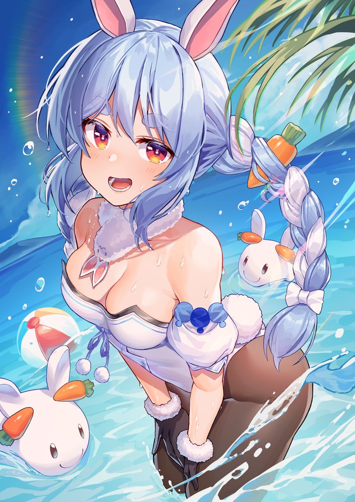 ぺこもん ,兎田ぺこら ,兎田ぺこら(通常) 「#なんの脈絡もなく水着イラストを再掲して最近フォローしてくれたフォロワーを怖がら」|黄ばんだごはん＠お仕事募集中のイラスト