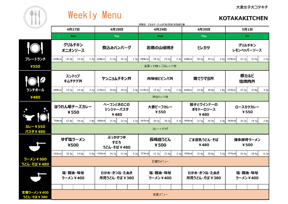 owu_news's tweet image. 来週のコタカフェとコタカキッチンのメニューです。🍴✨
※コタカキッチンは学外者の方はご利用いただけません。
#大妻女子大学 #大妻 #owu #学食 #コタカフェ #コタカキッチン