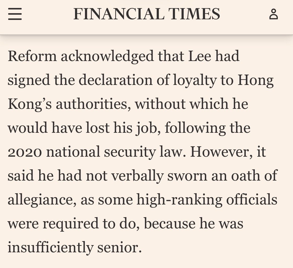 Reform UK replied to FT saying Lee signed declaration of loyalty to Hong Kong govt but a verbal oath because he’s not high-ranking enough — hmm, but it’s still a declaration and he’s a D3 grade official which is quite high level already, only 66 in govt

csb.gov.hk/english/admin/…
