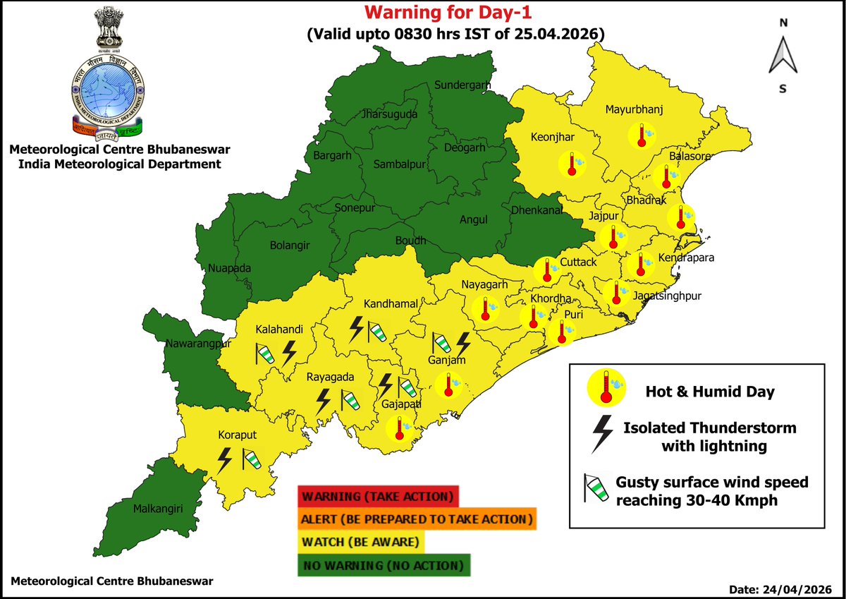mcbbsr's tweet image. Warning for the State.
Day-1 to Day-2 : Hot and Humid Day.
Day -1 to Day-7 : Isolated Thunderstorm, Lightning &amp;amp; Gusty Wind Warning.
#heatwave #thunder #humid #Warning #Odisha #odishaweather