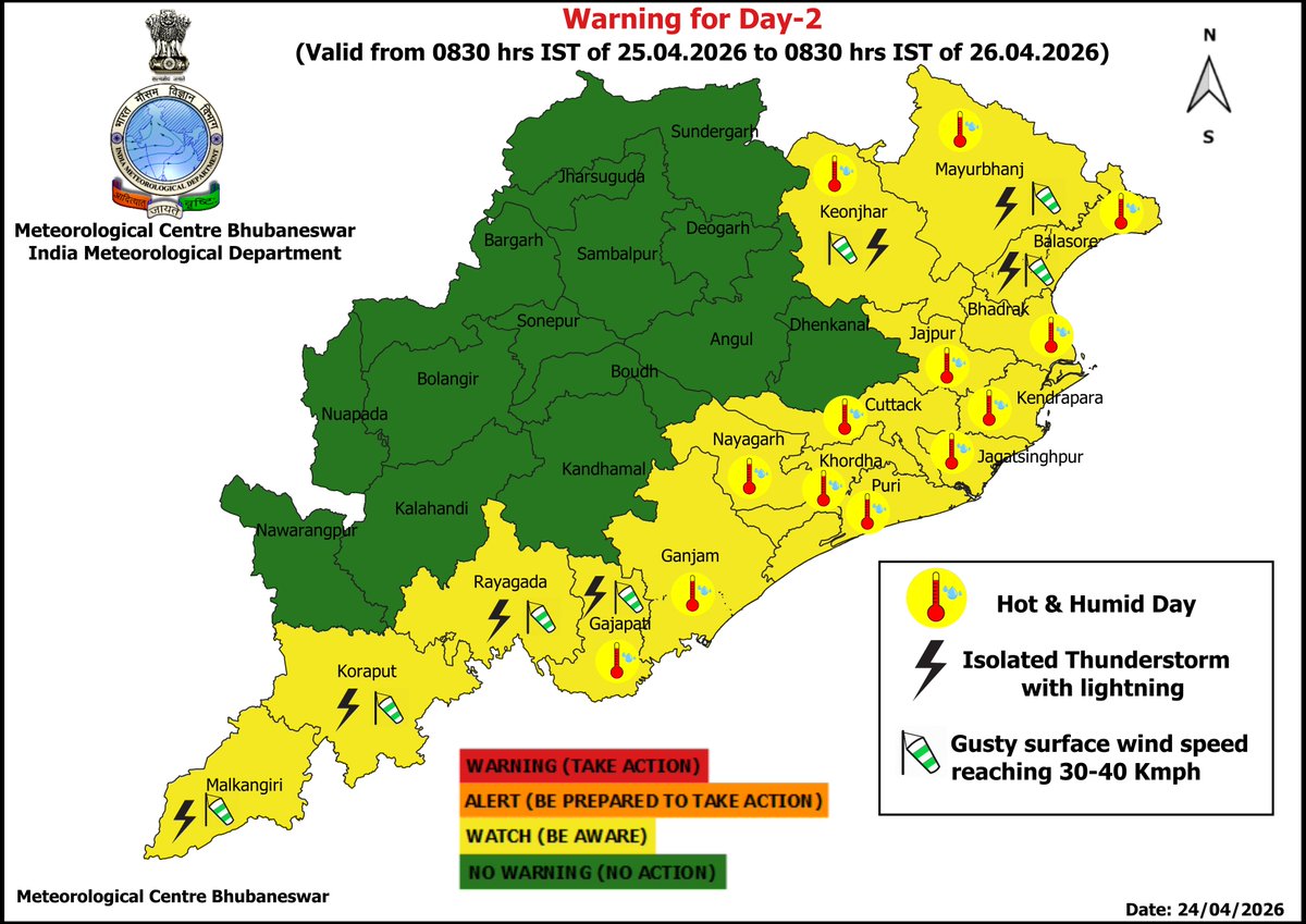 mcbbsr's tweet image. Warning for the State.
Day-1 to Day-2 : Hot and Humid Day.
Day -1 to Day-7 : Isolated Thunderstorm, Lightning &amp;amp; Gusty Wind Warning.
#heatwave #thunder #humid #Warning #Odisha #odishaweather