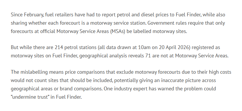 owenboswarva's tweet image. A third of all 'motorway' petrol stations on Fuel Finder aren't at motorway services forecourttrader.co.uk/news/exclusive… (£)

More criticism of Fuel Finder from the trade press

Data developer.fuel-finder.service.gov.uk

#fuelprices #govtech #opendata