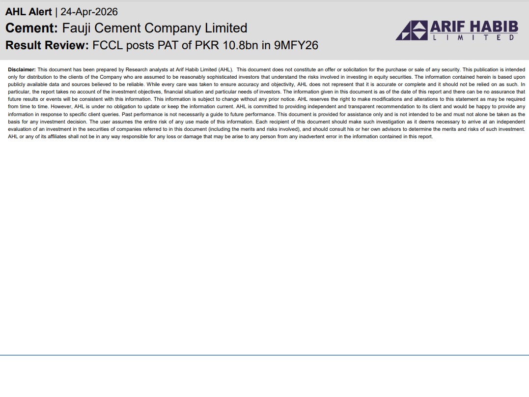 ArifHabibLtd's tweet image. AHL Alert - FCCL posts PAT of PKR 10.8bn in 9MFY26

#KSE100 #PSX #Equities #Pakistan #FCCL