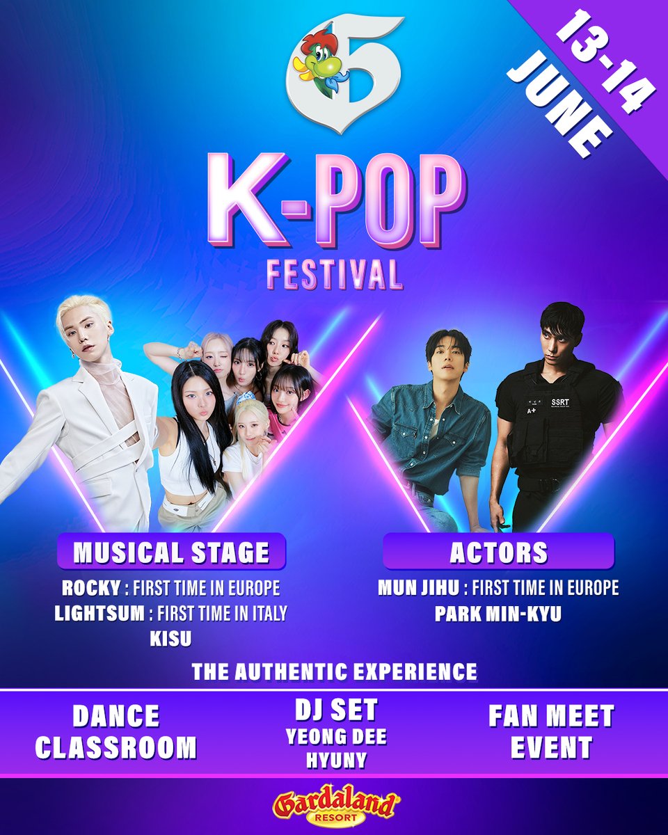 KpopConcert2's tweet image. 24.04.2026 | K-FEST 🇮🇹

 LE K-POP FESTIVAL DÉBARQUE À GARDALAND 🇮🇹 !

🗓️ 13-14 JUIN 2026
🎤 Avec Rocky, LIGHTSUM, KISU et plus encore!
💃 Dance Masterclass &amp;amp; Random Dance
📸 Meet &amp;amp; Greet
🥡 Korean Street Food

🎟️ tinyurl.com/3znrwv58

#Gardaland #KpopSummerVibes #KpopFans
