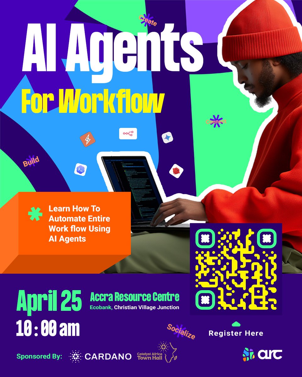 arc_accra's tweet photo. Tomorrow π ARC Dev β Emerging Tech happens Saturday, Apr 25 at 10AM at Accra Resource Centre.
Explore vibe coding, AI agents, productivity tools & live demos. Free Cardano Blockchain Certification vouchers up for grabs.
Scan the QR to register.
#ARCDev #AI #Cardano https://t.co/GQXkOTXn4X