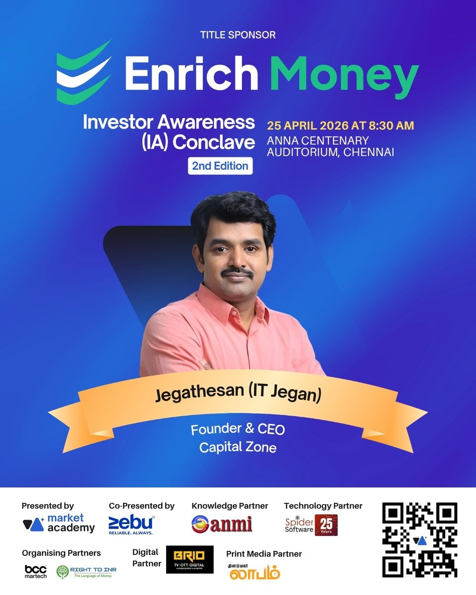 itjegan's tweet image. Invest First,  Trade Next 

Why investment is essential and trading is optional — and how to combine both, prudently. 

Connect with @itjegan and 1,500+ experts at the Anna Centenary Auditorium this April 25th.

The road to financial literacy starts here. 

Registration Link👇