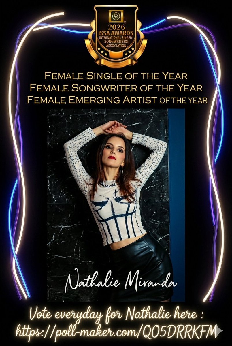 my_indie_radio's tweet image. 🎤 holdings these titles depends on your daily votes.
📥 Vote for Nathalie every day here: 👉 poll-maker.com/QO5DRRKFM
Let’s show the world the power of her music! Thank you for supporting independent artistry. 💖
@SongwritersIssa #vote #music #issaawards #international