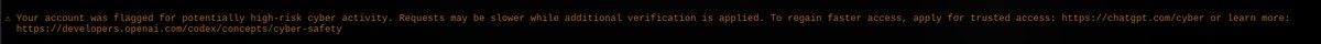 Codex CLI warning message flagging account for potentially high-risk cyber activity during security assessment