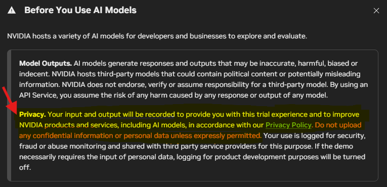 jortfal's tweet photo. @DataChaz @nvidia Because NVIDIA’s free NIM API 🚨logs all your input and output data to improve NVIDIA’s products and services. 

Yes, this includes improving AI models too. 

That’s why nobody is talking about this. https://t.co/GUbB6zkcqB