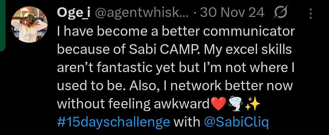 SabiCliq's tweet image. I’ve become a better communicator because of SabiCAMP.”

He is not a perfect communicator, but he is better than before.

That’s what growth should look like.

Register for SabiCAMP. today
bit.ly/SabiCAMPC4
#sabicamp #graduates #nysc #professional