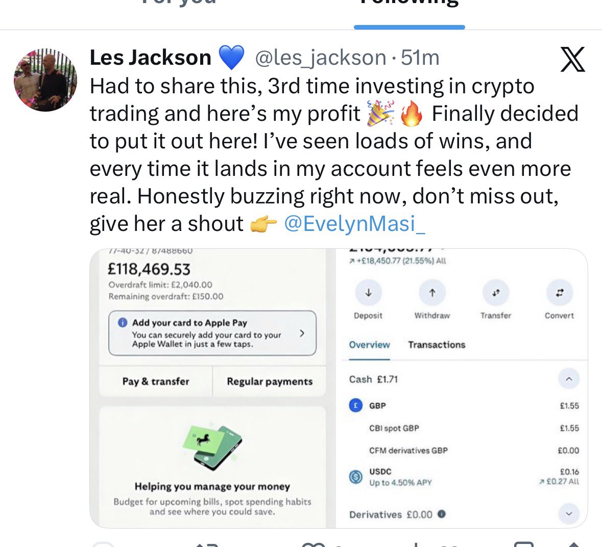 alifewellred's tweet photo. @EvelynMasi_ Have you hacked my @les_jackson account - see photo below. 
The information in that tweet is seriously misleading and I suggest you delete it ASAP. I don’t invest in crypto and you are using my name and account dishonestly https://t.co/vxPzLFFPGk