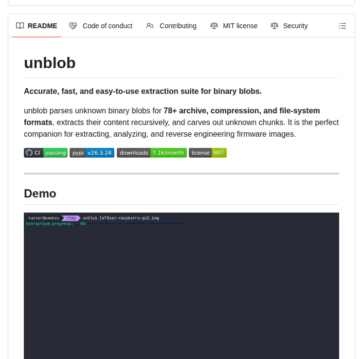 _thegb_'s tweet image. 🚀 Novo! O unblob extrai 70+ formatos de blobs binários em segundos – sem compilar, sem pacotes pesados. Teste agora: github.com/onekey-sec/unb… e veja o que você pode descobrir. #Security #Dev