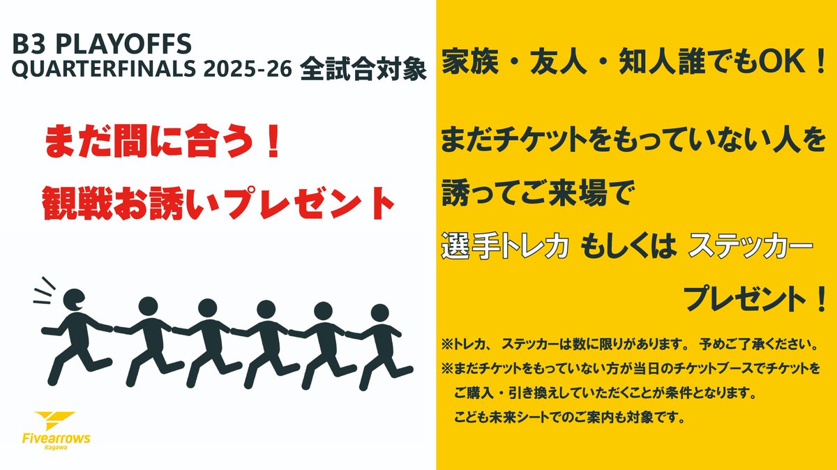 fivearrows_K's tweet photo. 【B3PO QF 2025-26(準々決勝) チケット特別企画🎫】

／
まだ間に合う！観戦お誘いプレゼント👀
＼

まだチケットを持っていない方が当日券を入手することで、誘った人・誘われた人両方に「トレカ」もしくは「ステッカー」をプレゼント🎁

無料招待チケットも対象です👍ぜひ、ご家族・友人・知人の方を連れて来て、一緒にプレゼントをゲットしましょう！！

詳細はこちら▼
https://t.co/Y0RmgLPnlf

#CREATEVV #香川ファイブアローズ