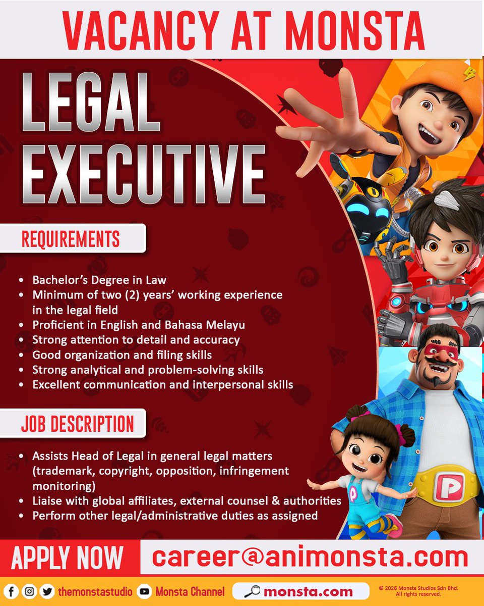 BoBoiBoy's tweet photo. 📢 Vacancy in MONSTA! 📢

1. Concept Artist 
2. Legal Executive 
3. Script Writer 
4. Comic Artist 
5. Product Designer 

E-mail your resume &amp; portfolio now!  
✉️ career@animonsta(dot)com   

#Mechamato #BoBoiBoy #PapaPipi https://t.co/zScS3ihYTw