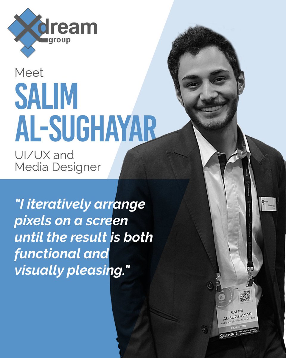 x_dream_group's tweet image. Meet Salim, UI/UX &amp;amp; Media Designer.
He designs the interfaces of x-dream-Fabrik and Media Suite, making complex workflows intuitive for broadcasters and production teams.
He turns technology into interfaces that people enjoy.

#UXDesign #MediaTech #xdreamteam #PeopleBehindTech