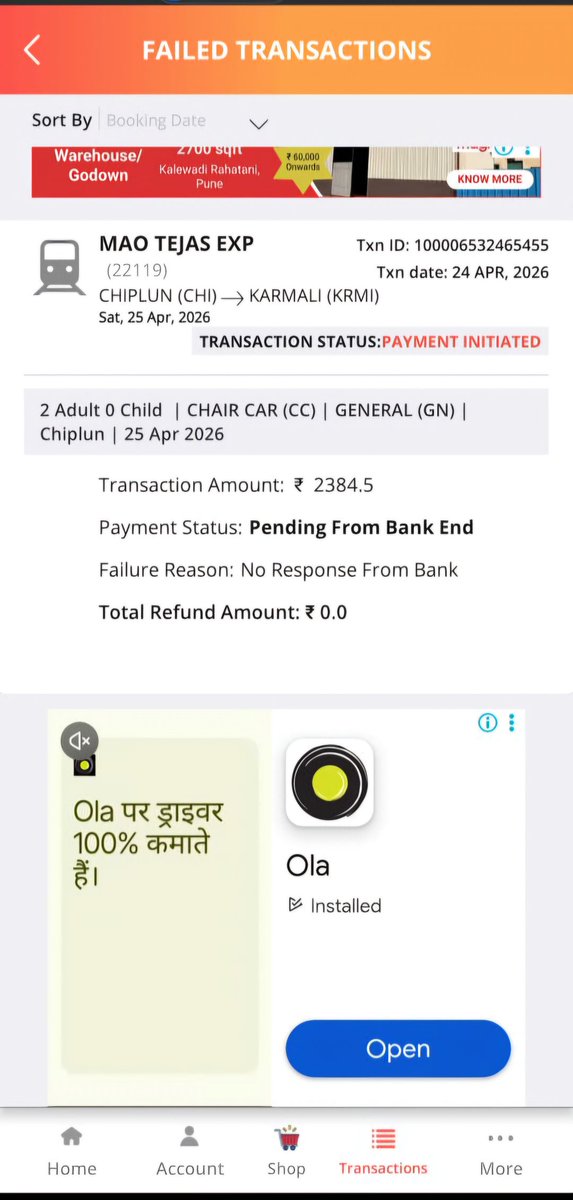 Akash_2602's tweet photo. Hello @IRCTCofficial I have booked following ticket from Chiplun to Madgaon from IRCTC official mobile app, but from the booking it only shows that the payment initiated and also we have not received any communication regarding booking or cancellation of ticket. Plz check https://t.co/jQIRG4tJqM