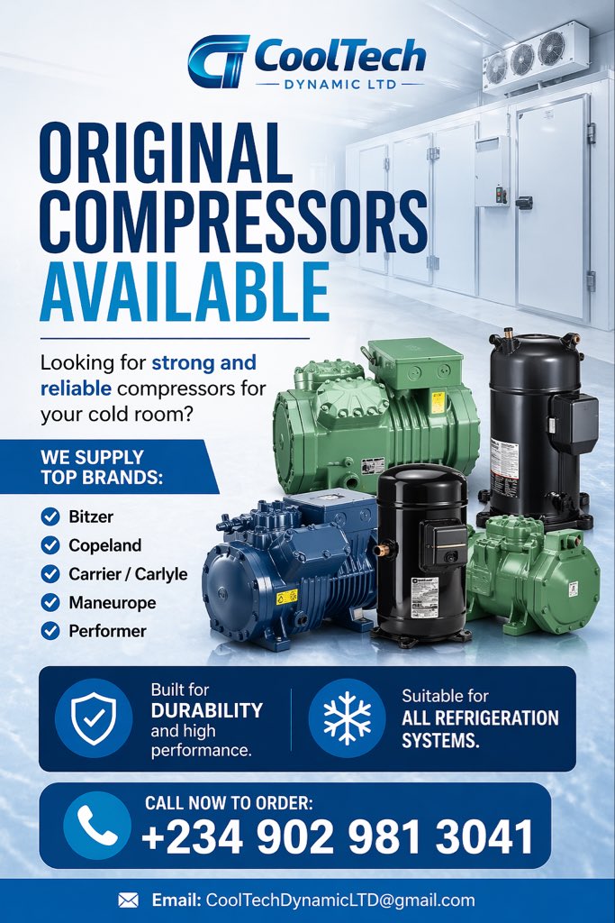 dynamic30827's tweet image. Your cold room is not cooling like before? 👀
That’s not “normal”… that’s your compressor failing.

Stop losing goods. Stop losing money. 

Get original compressors that actually work, no stress, no stories. 

#ColdRoom #Refrigeration #HVAC #Compressor #CoolingSystem