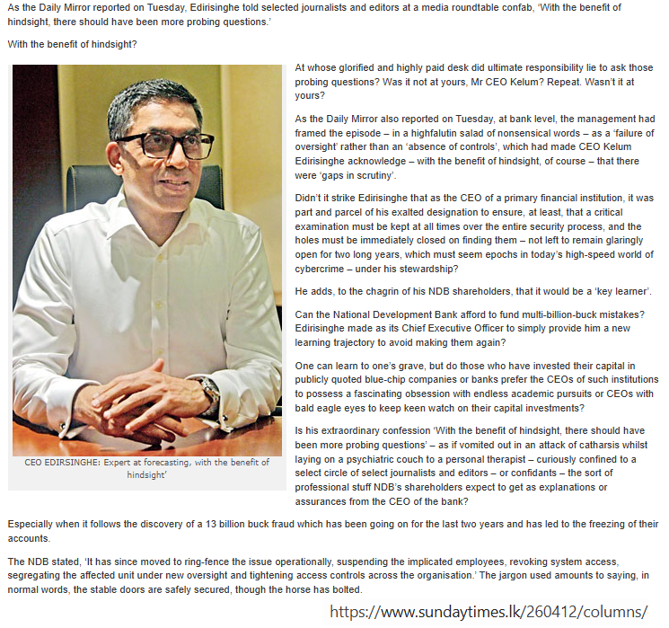 Channa_Amare's tweet image. #NDB : Hold my beer

CEO of NDB quoted as saying that its Rs13.2 bn fraud would be a 'key learner' 🤦

@TimesOnlineLK columnist pulls no punches

#CSE #lka