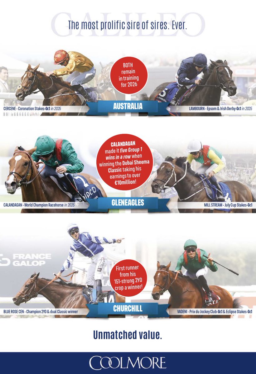 bloodstocknews's tweet image. Continuing his legacy as a prolific sire of sires - check out these top-class sons of Galileo @coolmorestud 👇💥

AUSTRALIA 💫 
GLENEAGLES 💫 
CHURCHILL 💫 

Find out more ➡️ coolmore.com/en/ireland/ #ReadAllAboutIt
