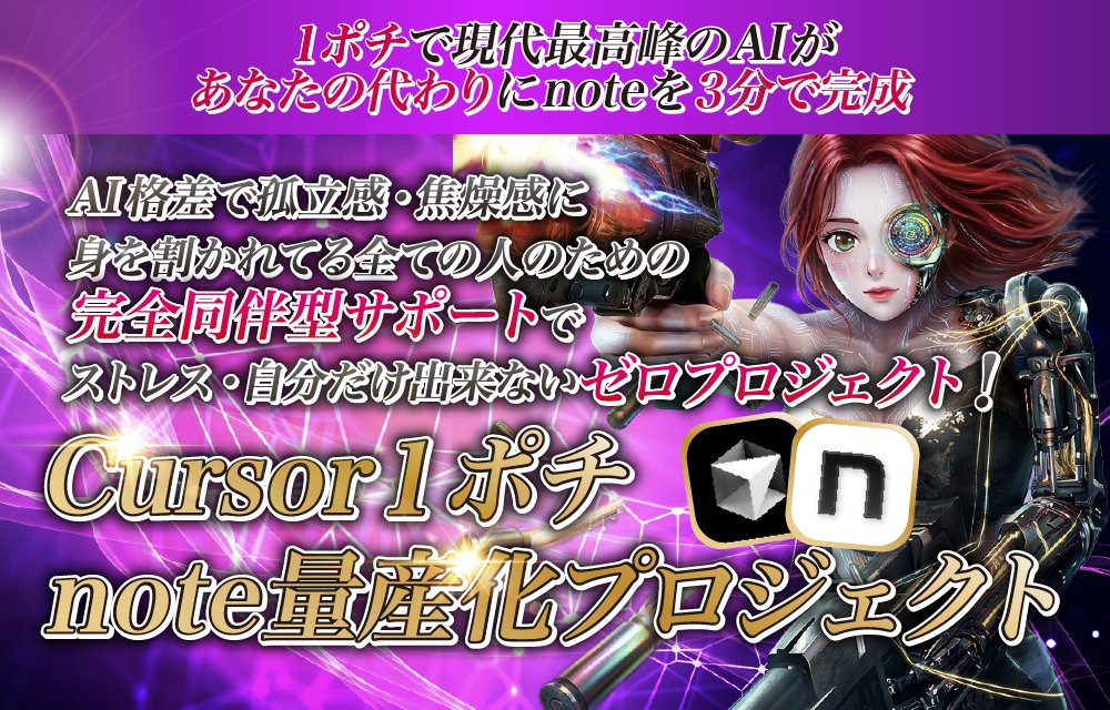 yyymeari_sub's tweet photo. 『Cursor1ポチnote量産プロジェクト』

これは、

AIを触っているのに
なかなかコンテンツが完成させられない人が

Cursorを使って
noteを1本作り、
公開まで進めるための実践パッケージです。

巷によくあるAI教材ではありません。

Cursorの使い方を
勉強して終わるものでもありません。

🌟わたしの10年分のライティング知識

🌟累計3億円以上売ってきたコンテンツ設計

🌟売れるnoteの型

🌟セールスの頭脳を

Cursorに入れて

あなたのPCで
１ポチで迷わず最速で
noteを作れる状態にするものです🐶✨

【こんな人向けです】

✅AIの情報を追っているのに、いまだにコンテンツが作れていない人

✅GPTsやAIツールを買ったけど、結局使いこなせなかった人

✅Cursorを入れたけど、その先で何を作ればいいか分からない人

✅noteを作ってみたいけど、文章力や知識に自信がない人

✅これでいいのかな？が拭えず有料販売に踏み切れない人

✅今度こそ「わたしにもできた」を体感したい人

このプロジェクトで手に入るのは、

🌟めありの脳みそが入ったCursorパッケージ

🌟画面を見ながら一緒に進められる動画+テキストコンテンツ

🌟テーマ決め〜note公開までの実践手順

🌟AIっぽさを消して、自然なnoteに整える方法

🌟あなたの「できない」を潰す5大特典

です。

①動画の通りにCursorを入れる

②パッケージを開く

③流れに沿って進める

これだけで、

◎テーマ決め
◎構成作成
◎本文作成
◎セールスレター作成
◎仕上げ
◎noteへの入稿
◎公開

まで進められるようにしました。

AIを見るだけの人から
AIでコンテンツを作る人へ。

Cursorを触れるだけの人から
Cursorで売れるものを作る人へ。

「note作れたらいいな」で終わらず、

自分のPCから1本形にするところまで
一緒に進みましょう🐶💕

詳細はリプから▼
