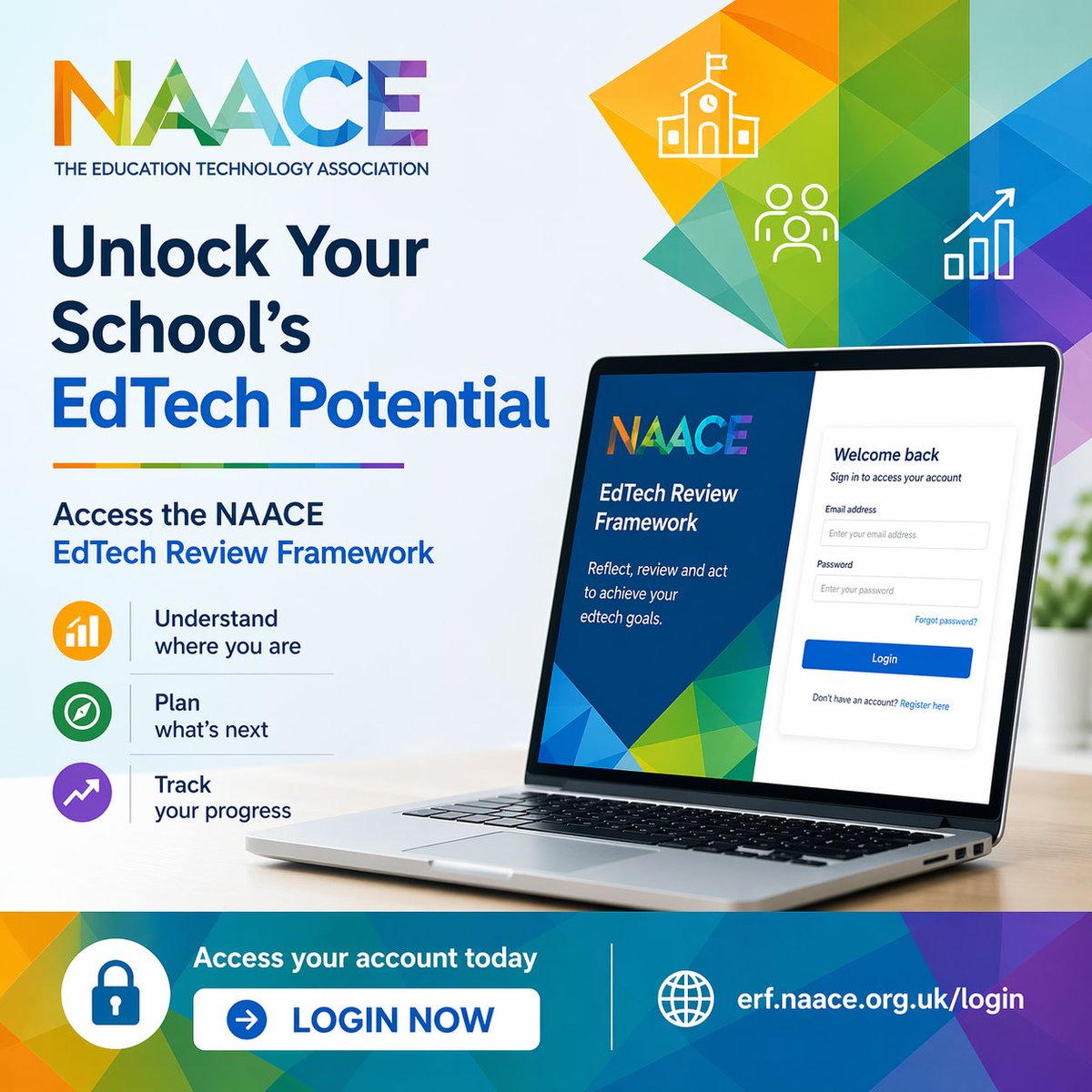 Naace's tweet photo. What does “good” look like in edtech?
The ERF gives you a clear answer — across:
→ Leadership
→ Teaching &amp; learning
→ Safeguarding
→ Digital capability

https://t.co/3NPHzeLBLq https://t.co/A2vqDo653J