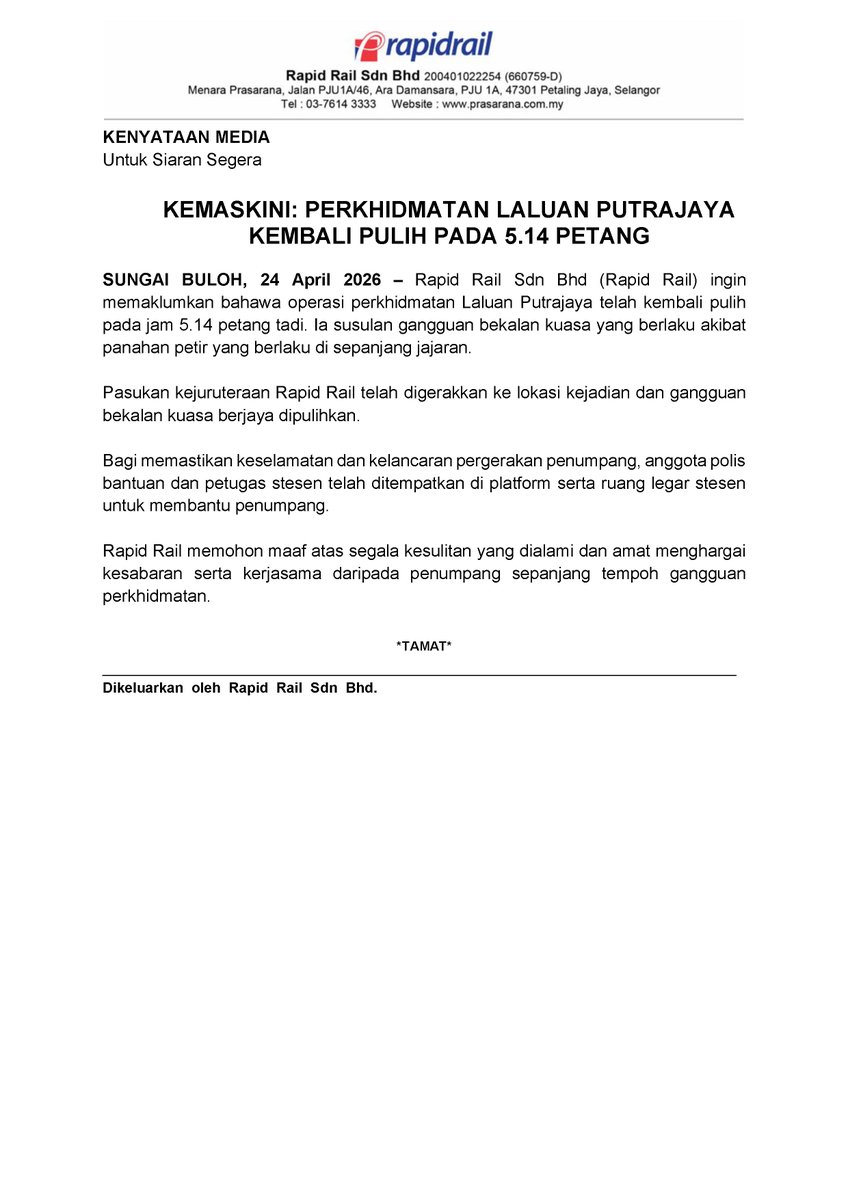 Kenyataan Media

KEMASKINI: PERKHIDMATAN LALUAN PUTRAJAYA KEMBALI PULIH PADA 5.14 PETANG