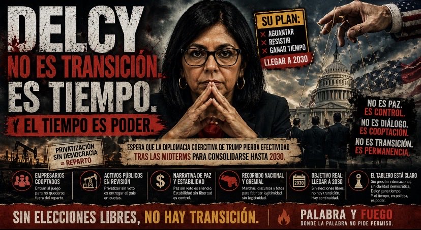 DELCY NO ES TRANSICIÓN. ES TIEMPO. Y EL TIEMPO ES PODER.

1/
Mientras te hablan de “paz” y “convivencia”, se está ejecutando una operación silenciosa:
convertir una transición en permanencia.

No es casualidad. Es diseño. 

2/
Delcy Rodríguez no está negociando el futuro de