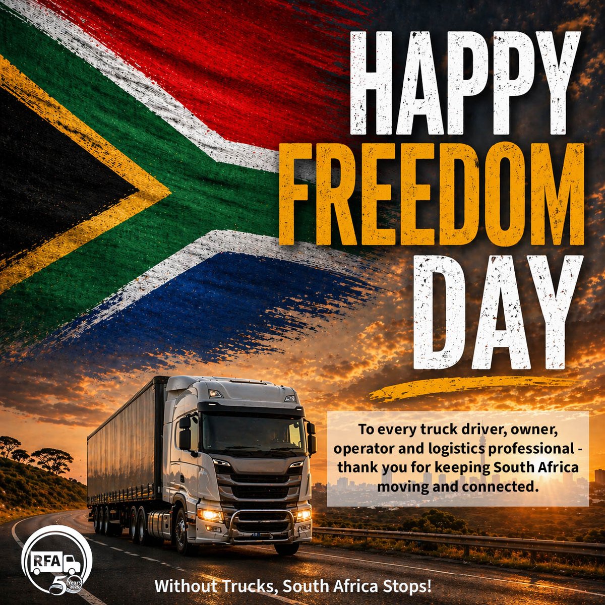 RoadFreightSA's tweet photo. Rolling strong for a nation on the move 🇿🇦🚛
Honoring the drivers who keep South Africa connected—Happy Freedom Day! https://t.co/zrZDWDBKlK