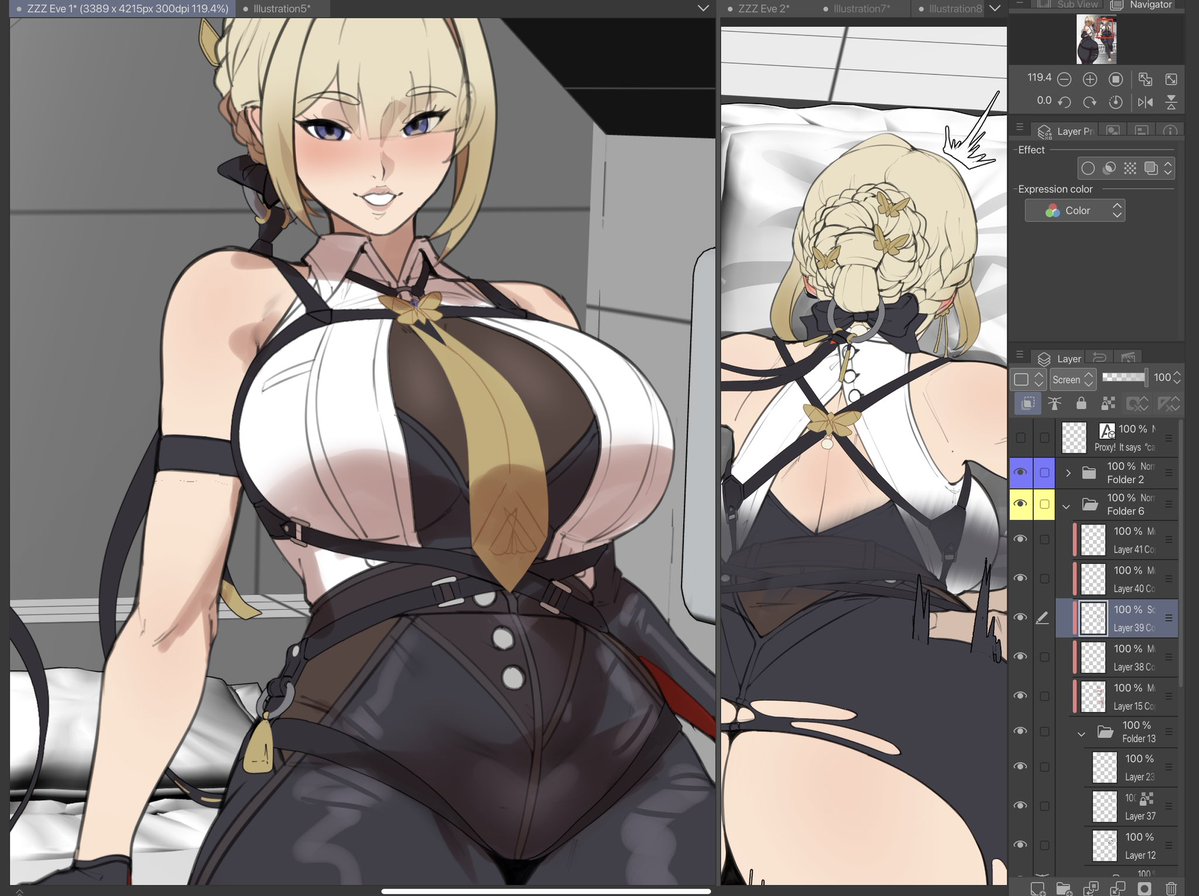 God this will be the last time I draw a ZZZ character fully clothed. 
STRAPS, BUCKLES, ZIPPERS