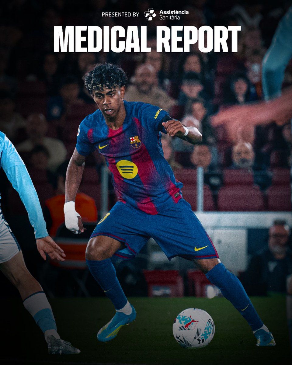 The tests carried out have confirmed that first-team player Lamine Yamal has a hamstring injury in his left leg (biceps femoris muscle).

The player will follow a conservative treatment plan. Lamine Yamal will miss the remainder of the season, and he is expected to be available