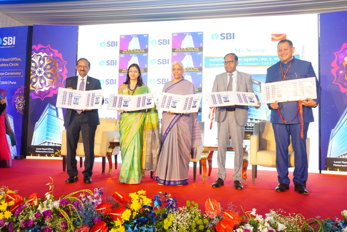 pmg_pune's tweet photo. On the occasion of inauguration of SBI Local Head Office, Maharashtra Circle, a customized My Stamp and a Special Cover with Special Cancellation were released today by Smt. Nirmala Sitharaman, Hon’ble Union Finance Minister Of India. https://t.co/4Uc83dXGk8