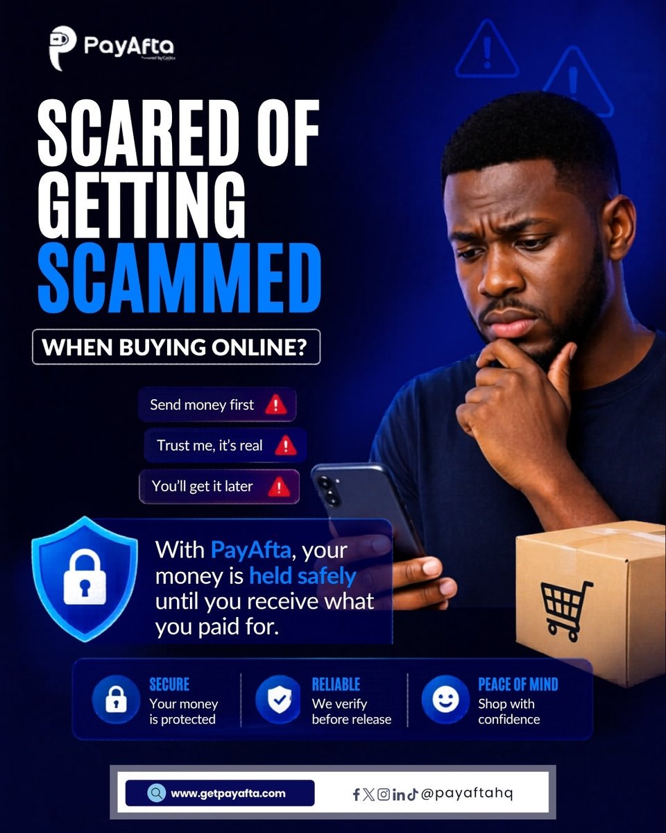 PayAftaHQ's tweet photo. That “send money first” pressure? 🚩
That “trust me, it’s real”? 🚩
That “you’ll get it later”? 🚩

With PayAfta, you don’t pay blindly, your money stays secure until you receive exactly what you ordered. Sign up now https://t.co/UeRfjNrafy https://t.co/hamVN3YgdG