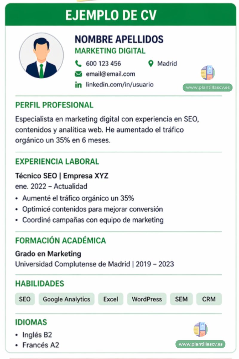 Ejemplo de Curriculum profesional en español: más ejemplos y plantillas en la guía 👉 plantillascv.es/blog/que-poner…