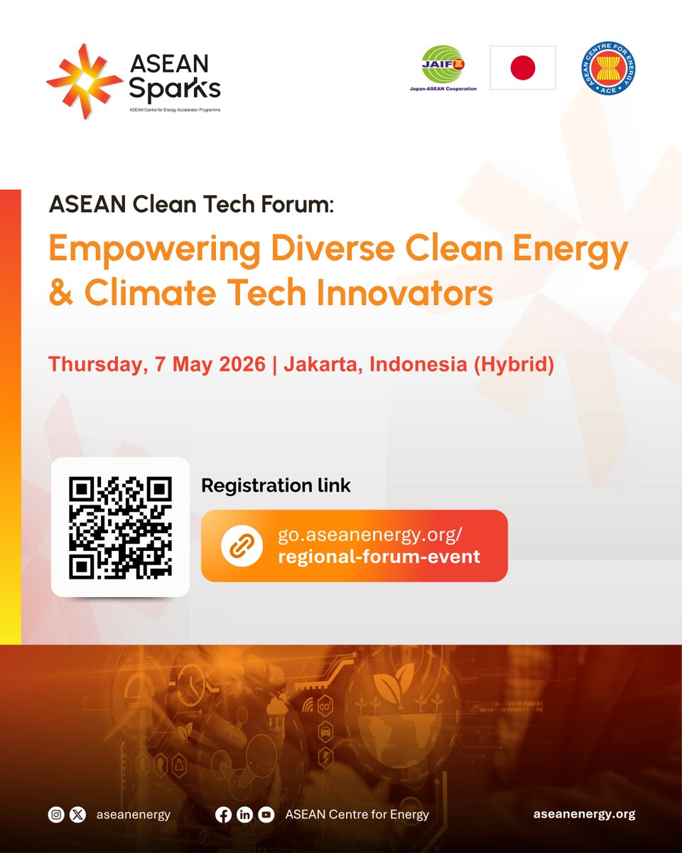 aseanenergy's tweet image. 📌 ASEAN Clean Tech Forum: Empowering Diverse Clean Energy &amp;amp; Climate Tech Innovation

📅 Thursday, 7 May 2026
📍 Jakarta, Indonesia (Hybrid)
🔗 Register: go.aseanenergy.org/regional-forum… 

#ASEAN #CleanEnergy #ClimateTechnology