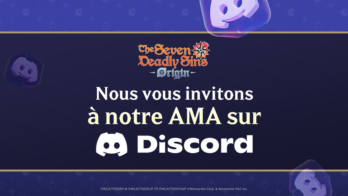 🎙️ Annonce préalable concernant l'AMA sur le Discord officiel

Ce samedi 25 avril, nous organiserons une séance d'AMA (Ask Me Anything) sur le Discord officiel de <The Seven Deadly Sins: Origin>.
Ce sera l'occasion pour notre équipe de développement de communiquer ensemble.

Nous