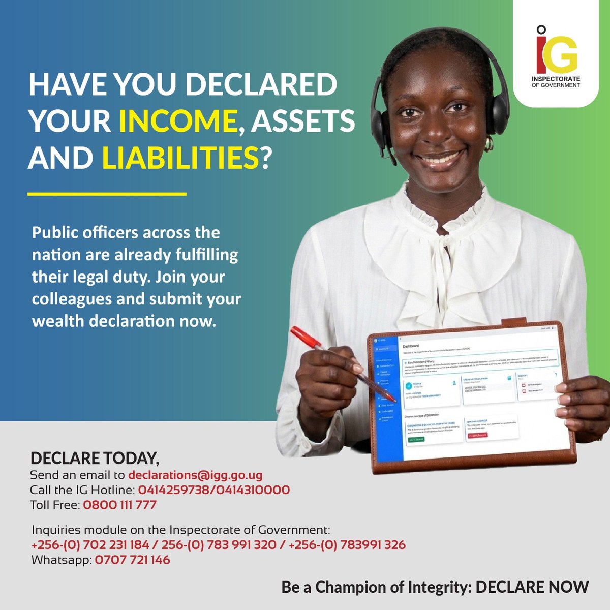 IGGUganda's tweet photo. If you are a Public Officer, have you declared yet?
#Declaration2026 https://t.co/SLKhA21azF