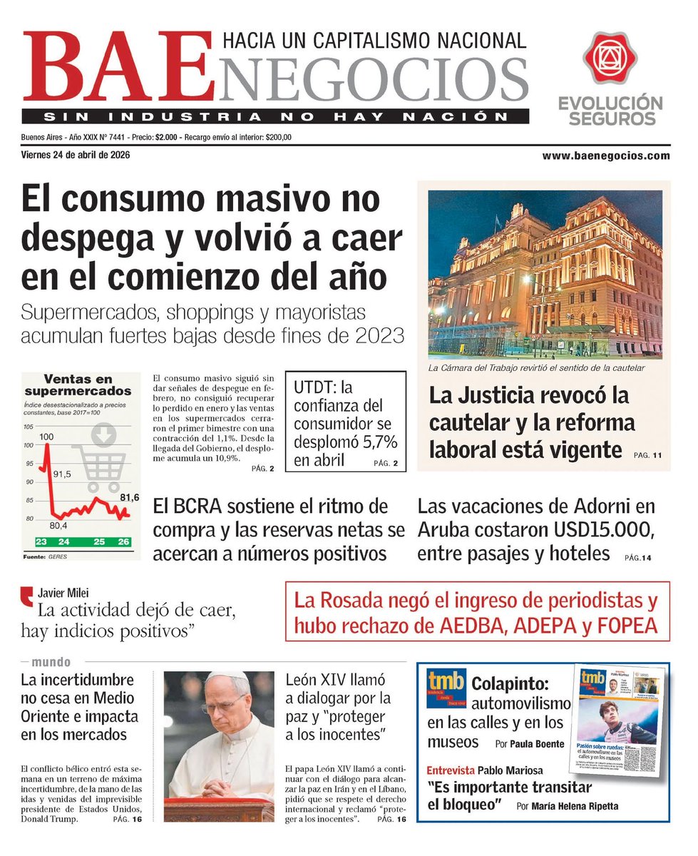 WalterVerst's tweet photo. #BuenDía y #BuenViernes para todos!!
A continuación, las portadas de los diarios de hoy #Viernes 24/04 #24deAbril #24ABR2026 #24Abr #24A.
#ElEconomista
#BAE
#ElCronista https://t.co/xihIVIkBi4