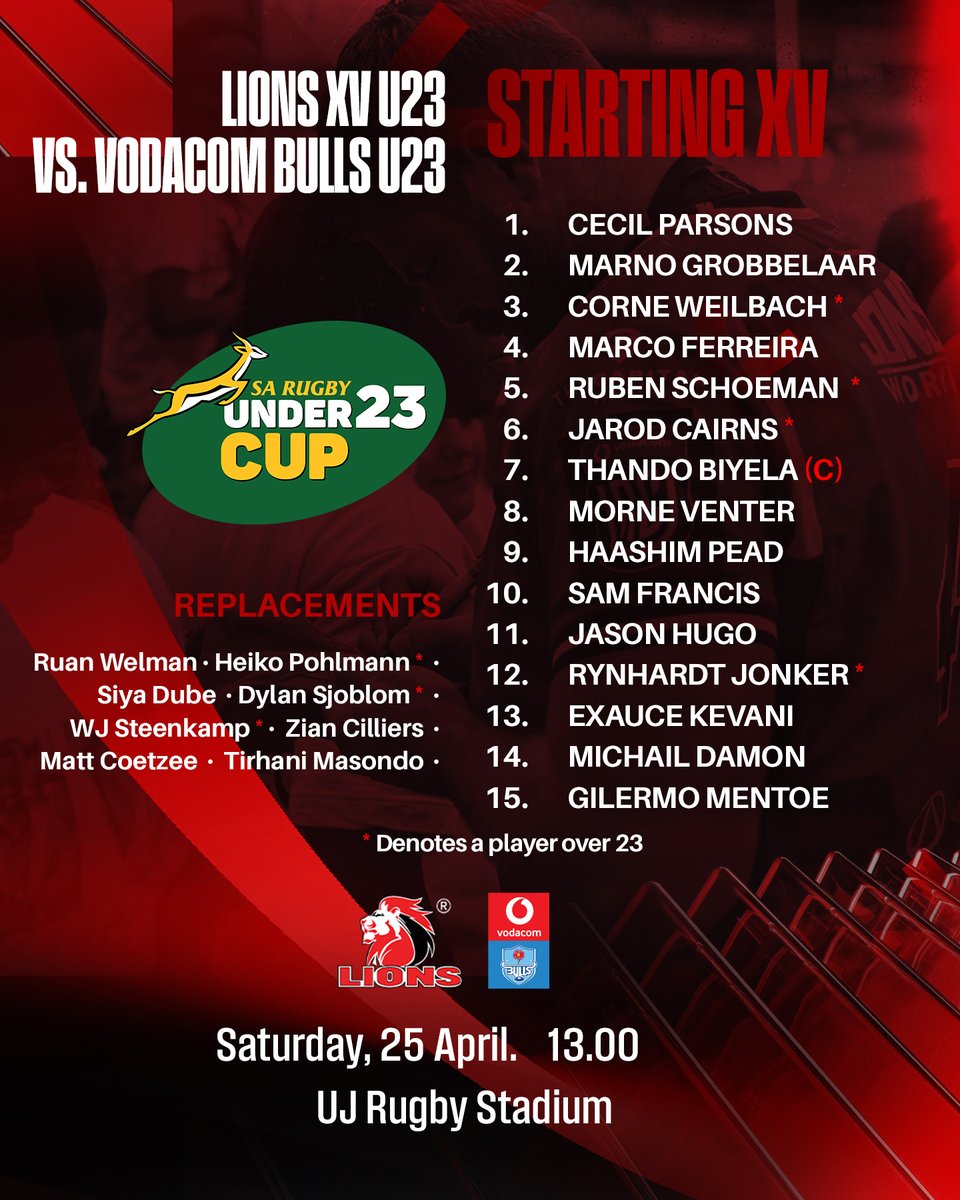 LionsRugbyCo's tweet image. Our #NextGen take on the Vodacom Bulls U23 this Saturday at 13:00 in the SA U23 Cup 🦁

#ForOurCity| #LionsPride