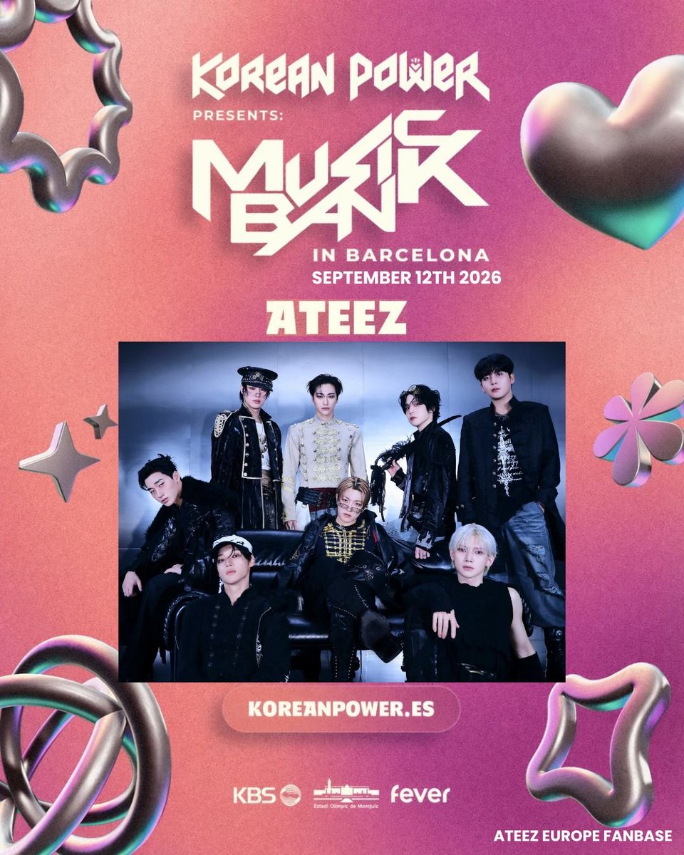 ATEEZ are in the lineup of MusicBank in Barcelona, Spain on September 12th 2026 ✨️

ATINY, are you ready ?
The biggest edition of Music Bank in Europe to date is going to be epic.

Pre-sale: Opens May 5th at 12:00 CET (Barcelona time).
General sale: Opens May 6th at 12:00 CET