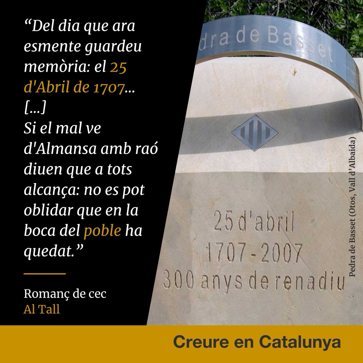 Arreu del #PaísValencià es fan actes per commemorar la Diada del 25 d’Abril, en record als resistents que el 1707 defensaren les llibertats nacionals. A València es farà la tradicional manifestació, i es rebrà el pas de la flama del <a href="/Correllengua_/">Correllengua Agermanat</a> Agermanat. #creureenCatalunya
