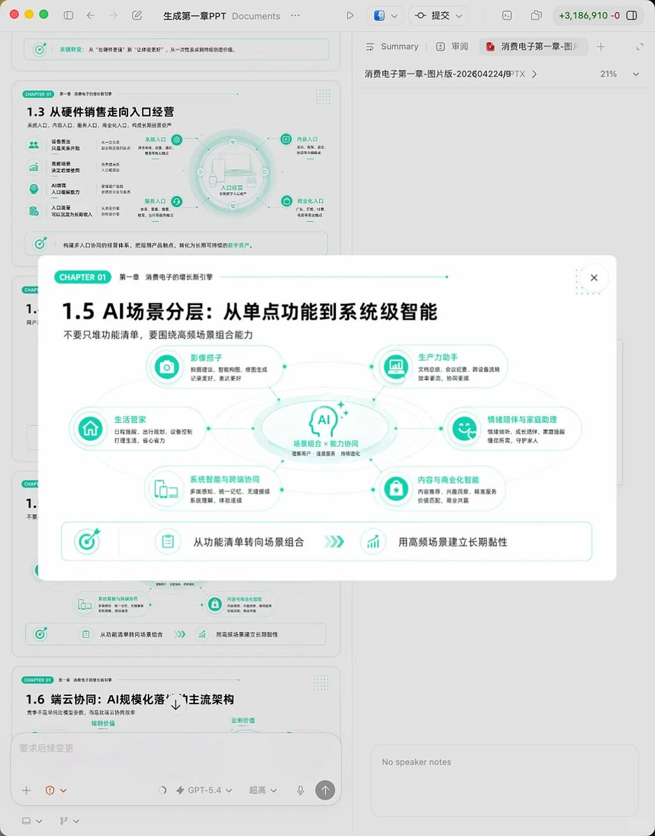 AbleGPT's tweet photo. 【分享】Codex正式成为AI PPT之神
看到有人分享的一个用codex做PPT的方法，���我看过效果最好的AI生成的PPT，简洁高级，没有很重的AI感，而且没有花里胡哨的提示词，一句话生成商业可用PPT。分享给大家：
Prompt：
‘ 帮我根据【本地思路框架路径】，使用image gen 生成PPT（不要使用slides skills，纯粹通过图片生成PPT，现在生图文字能力已足够强），要求格式统一，且比例均为16:9，白底，薄荷色（18， 204,185）为主题色，排版灵活不要死板使用并列构图，每一个小点都单独生成一张图片，最后给我拼合好的PPT，存放在桌面’ 
接下去就等待10mins，一份水灵灵直接能用的ppt就出现在你桌面上了。
🌟 codex太聪明，担心生图输出文字能力不佳，可能默认调用slides skill+image2背景生成，所以要提前声明。 🌟 比较而言， - nano banana pro指令遵循较强（如主题色要求）但也更死板，且支持高分辨4K -。GPT image2 世界知识更广理解能力更强，但是指令遵循相对更弱，且只支持1K，当叠加codex胜在稳定
缺点：不可编辑