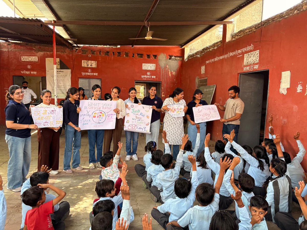 AmityNss's tweet photo. The NSS Cell, Amity Jaipur successfully organized an awareness program under Poshan Pakhwada at Government  School, Jaichandpura, with the objective of promoting the importance of nutrition, good eating habits, and overall well-being among school students and villagers. https://t.co/lJYLTXvdxo