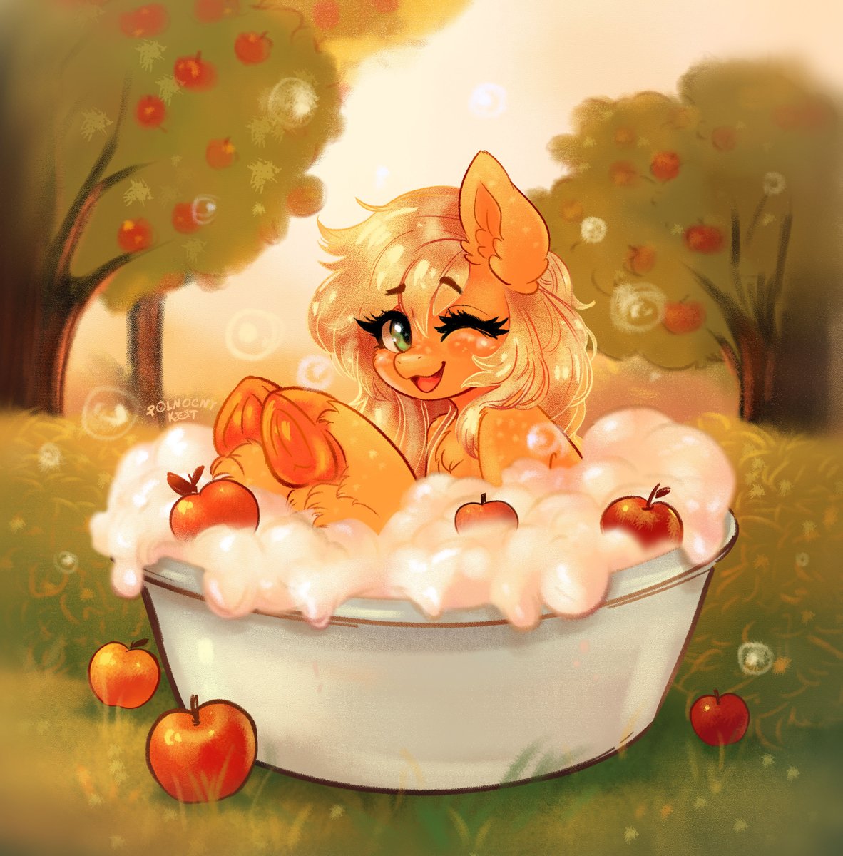 KPolnoc's tweet image. Redrew one of my oldest artworks! ☀️
This weather already feels like summer to me, pure childhood nostalgia. Like Applejack in my drawing: sunny day, a little tub, and apples all around🍎

Let’s get ready for that warmth together! ✨

#MLP #cute #mylittlepony #applejack #summer
