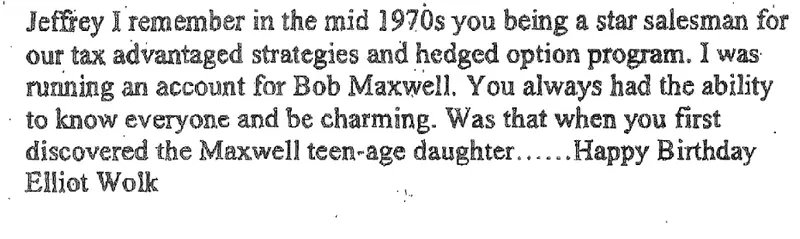 M_Steeples's tweet photo. Jeffrey Epstein was definitely in London from the 1970s onwards. He most definitely worked with Robert Maxwell in that period - as was confirmed in a note in the now infamous birthday book (page 63) from a Bear Stearns colleague of his, Elliot Wolk. #JeffreyEpstein #RobertMaxwell #GhislaineMaxwell #BirdsOfARottenFeather