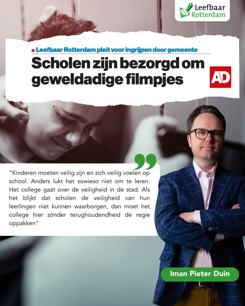LeefbaarRdam's tweet photo. 𝗢𝗼𝗸 𝘀𝗰𝗵𝗼𝗹𝗲𝗻 𝗺𝗼𝗲𝘁𝗲𝗻 𝘃𝗲𝗶𝗹𝗶𝗴 𝘇𝗶𝗷𝗻
Het moet afgelopen zijn met losgeslagen scholieren die het blijkbaar normaal vinden om leeftijdsgenoten te mishandelen en dat ook nog filmen en online te zetten.
Voor LR is het daarom duidelijk: het college moet ingrijpen. https://t.co/WQbRSMzIml