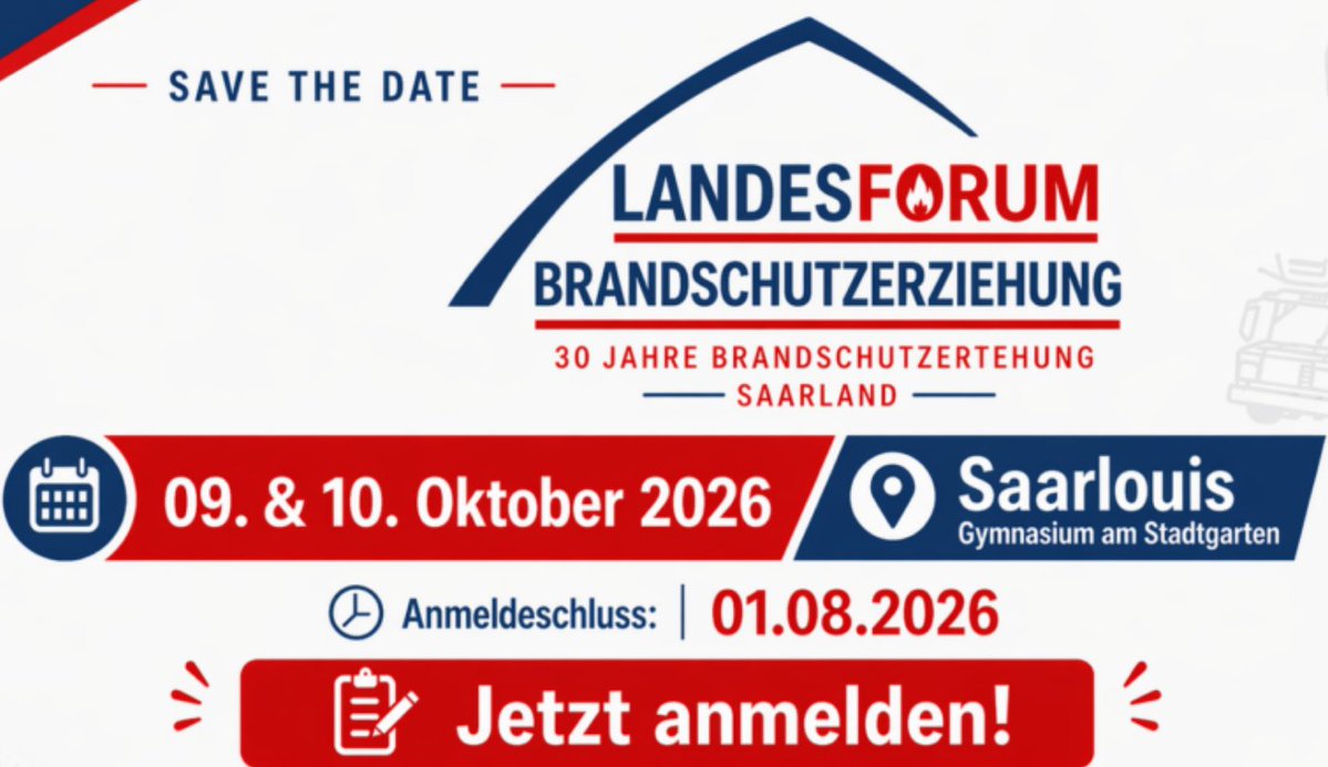 EhrenamtSaar's tweet image. save the date: 30 Jahre Brandschutzerziehung / Brandschutzaufklärung im #Saarland: Landesforum Brandschutzerziehung 09./10.10.26 in Saarlouis #Feuerwehr lfv-saarland.de/landesforum-br…