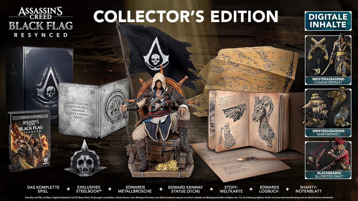 NerdyDeals247's tweet image. Falls es gestern Abend nicht geklappt hat: Die Collector's Edition zu Assassin's Creed Black Flag RESYNCED ist jetzt bei Amazon wieder für PS5 und Xbox vorbestellbar.

PS5: amzn.to/3Qjjoen
XB: amzn.to/3QnaufT
PC: amzn.to/4tp5fL3

Affiliate-Link. #Werbung