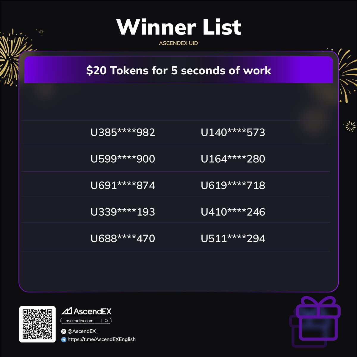 AscendEX_'s tweet image. 🎉 Congrats to the 10 Winners of the $20 Tokens for 5 seconds of work🎉

💸The rewards will be distributed within 14 working days.🎁

#AscendEX #Crypto