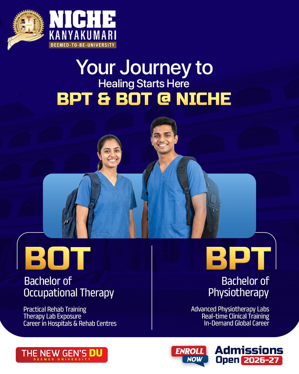nicheuni's tweet image. 🎓 Your Journey to Healing Starts Here 💙

Join BPT &amp;amp; BOT at NICHE Kanyakumari and build a career that cares ✨

📢 Admissions Open 2026–27
📞 +91 89433 52456
#NicheKanyakumari #BPT #BOT #HealthcareCareers #AdmissionsOpen